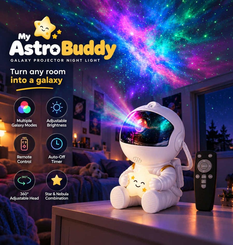 My Astro Buddy projecting a galaxy across a kid's bedroom ceiling