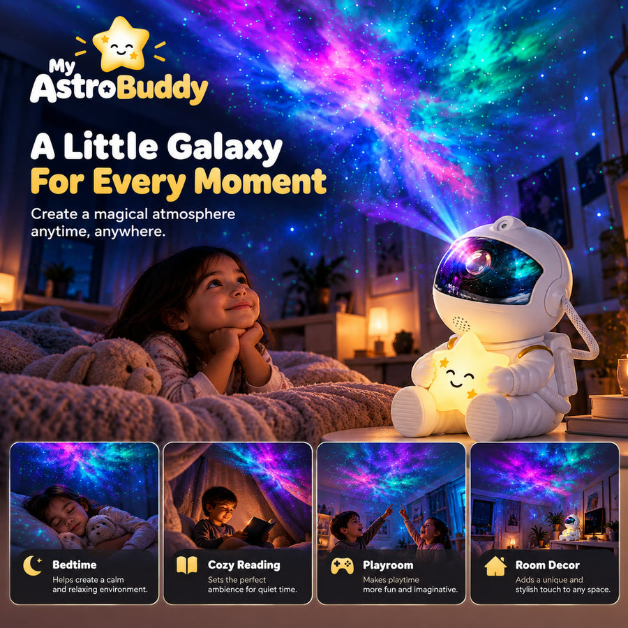 A child watching the galaxy on the ceiling at bedtime