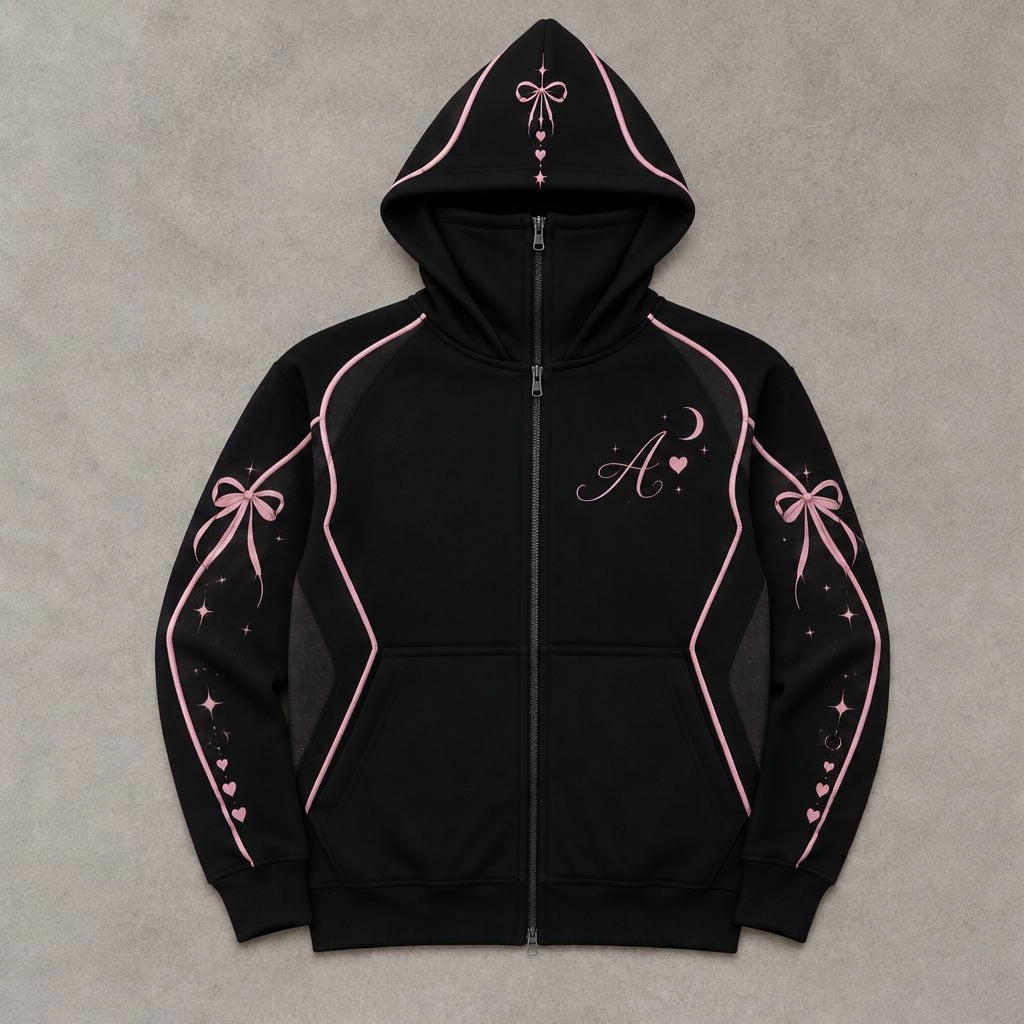 Grandiose full zip face hoodie, front, black with pink piping and bows