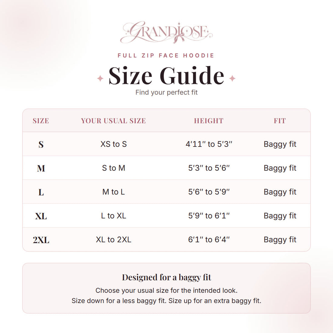 Grandiose Full Zip Face Hoodie size guide