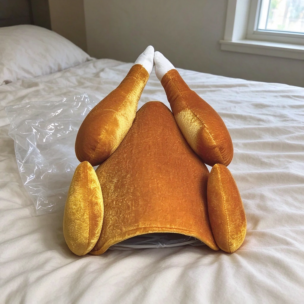 The roast turkey hat out of its packaging on a bed, next to the clear plastic bag it ships in