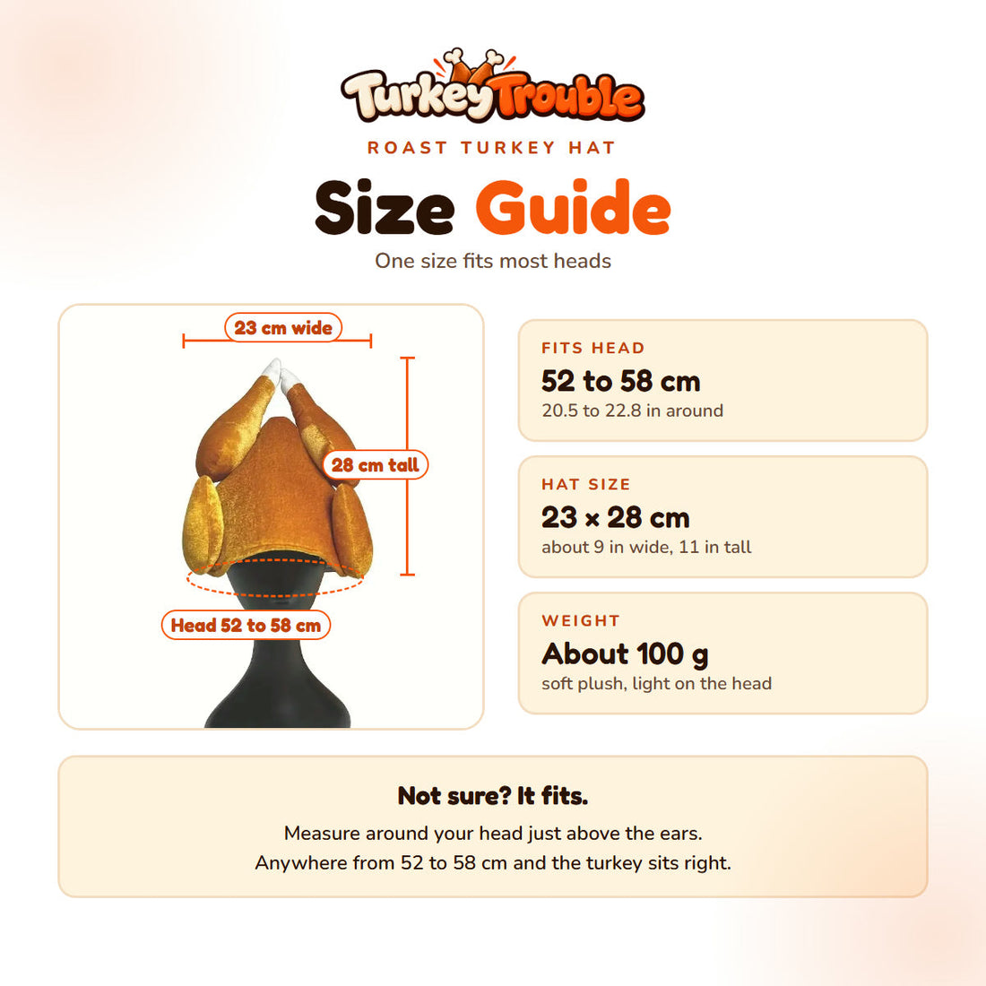 Size guide: fits heads 52 to 58 cm, hat about 23 by 28 cm, about 100 g