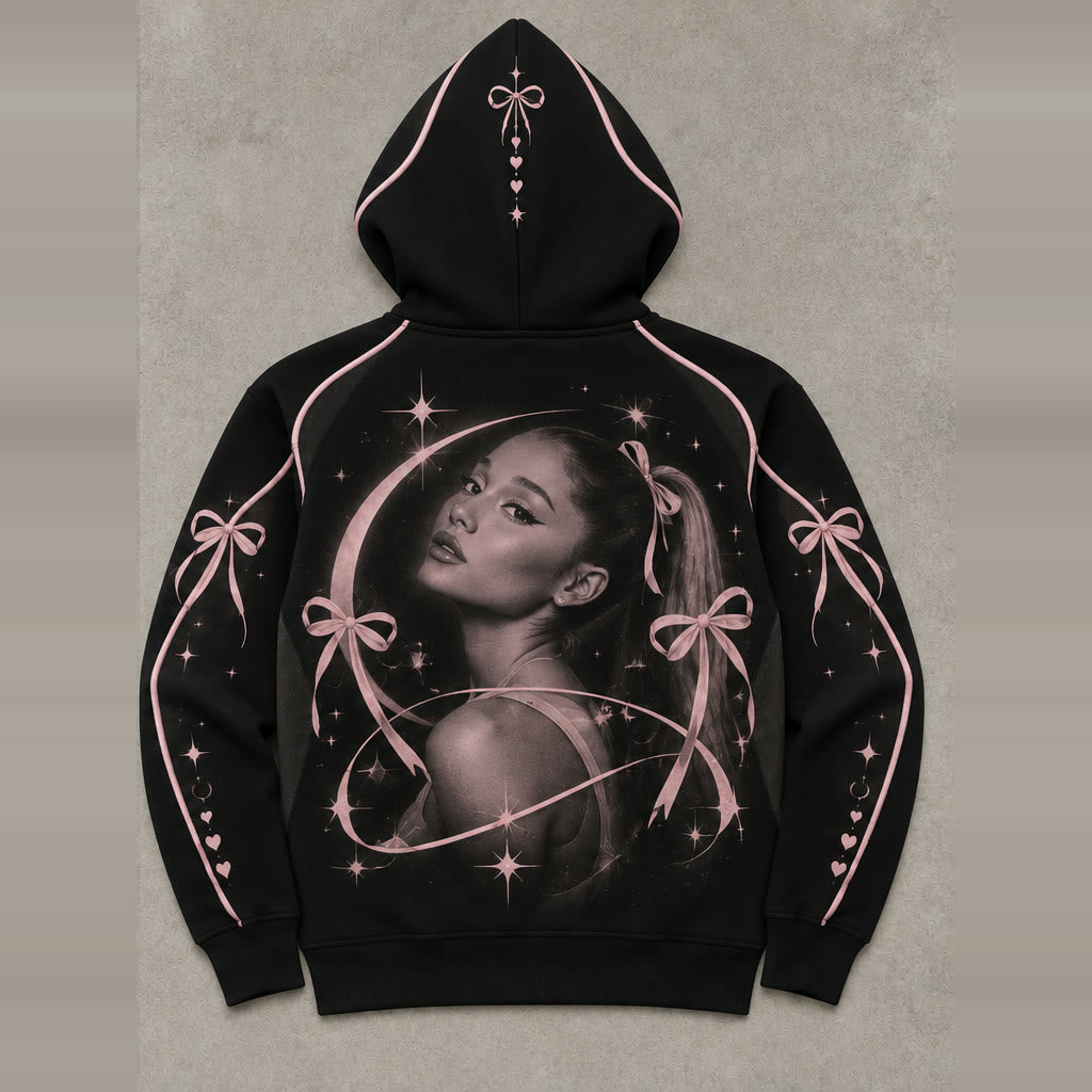 The back of the Grandiose hoodie, a portrait print framed by a crescent moon and ribbons