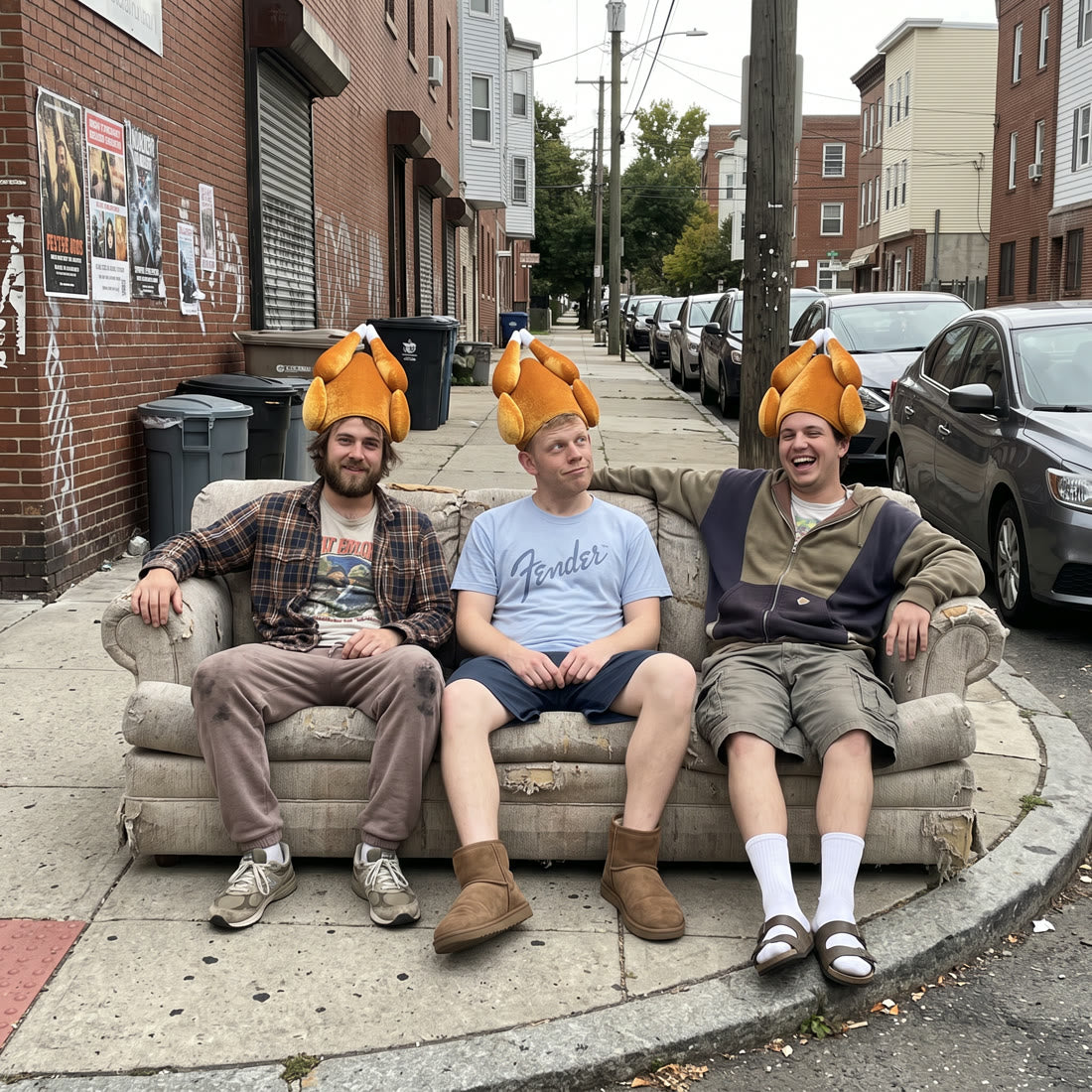 Three friends on a street couch, all wearing the roast turkey hat