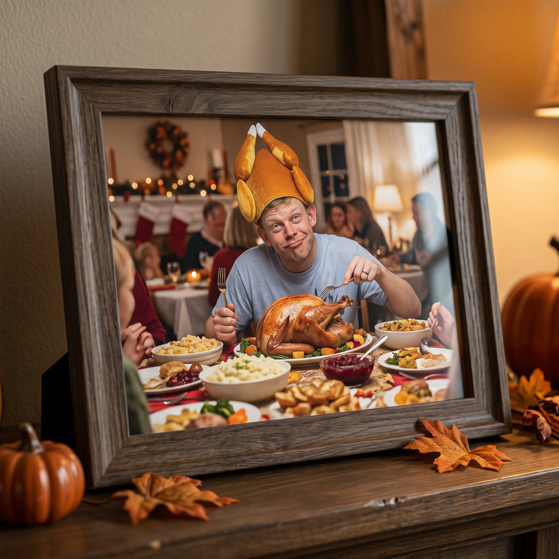 A framed Thanksgiving photo of him wearing the roast turkey hat at dinner