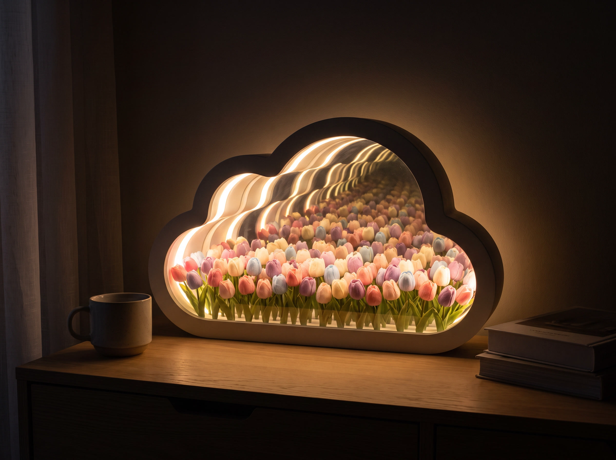 The Lazula Infinite Flower Lamp lit at night, tulips repeating back into the mirror