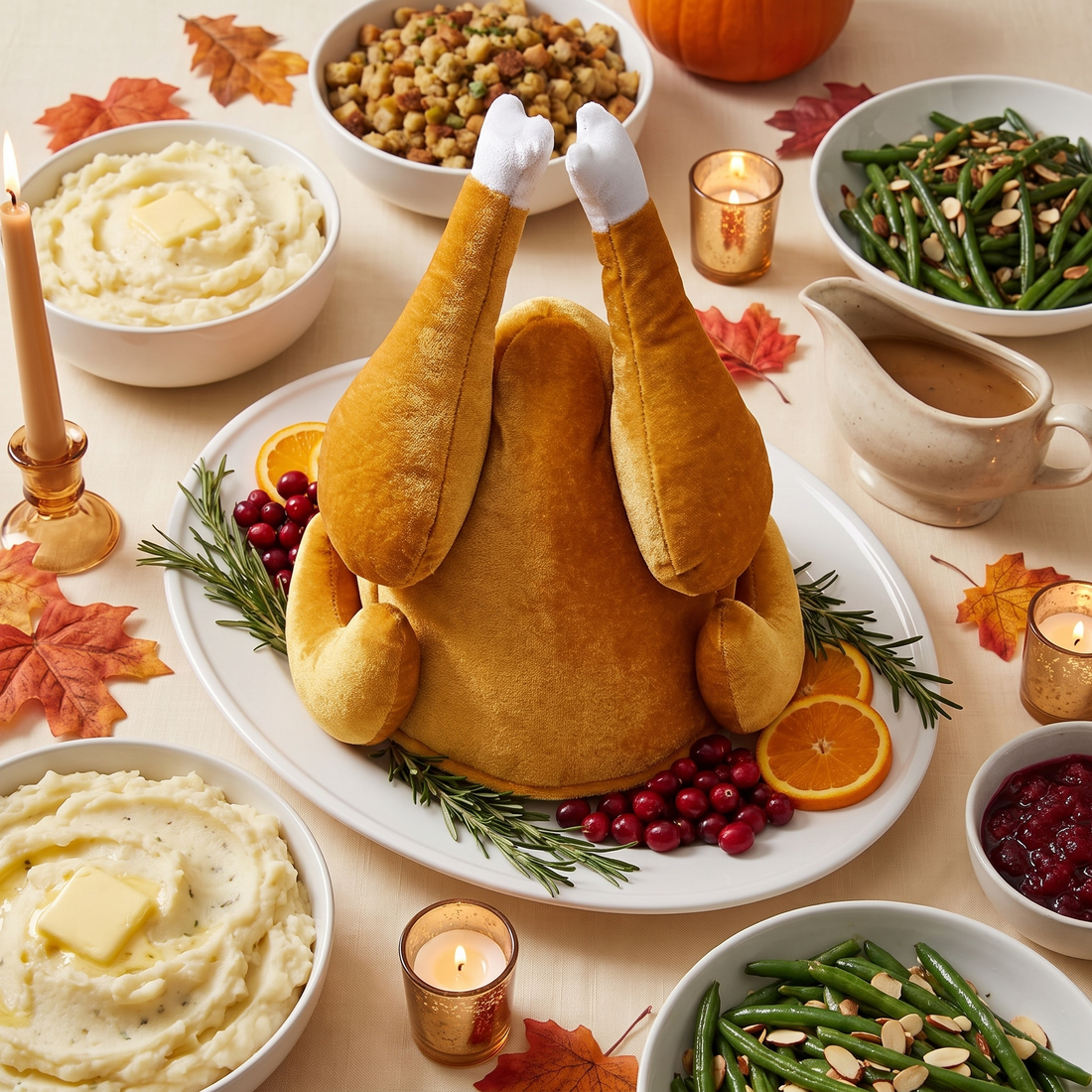 The roast turkey hat served on a platter as the turkey at a Thanksgiving dinner table