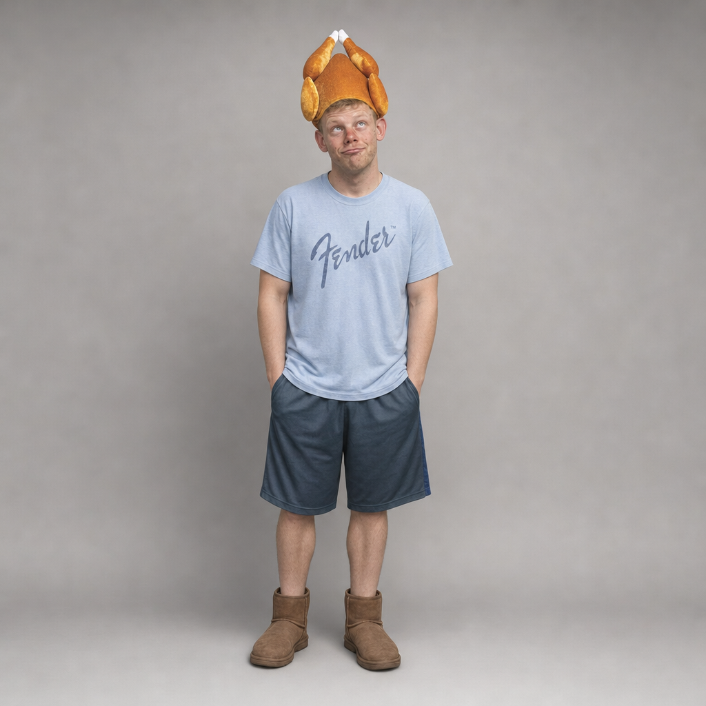 Man wearing the roast turkey hat, hands in his pockets, looking up at the hat