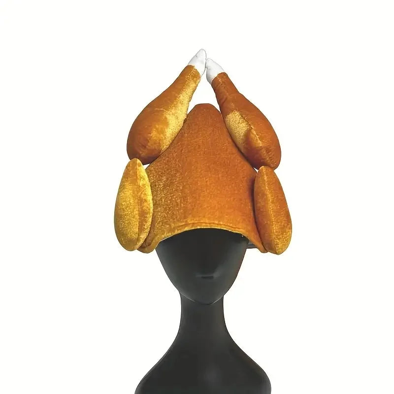 Turkey Trouble roast turkey hat, golden brown plush with both drumsticks pointing up