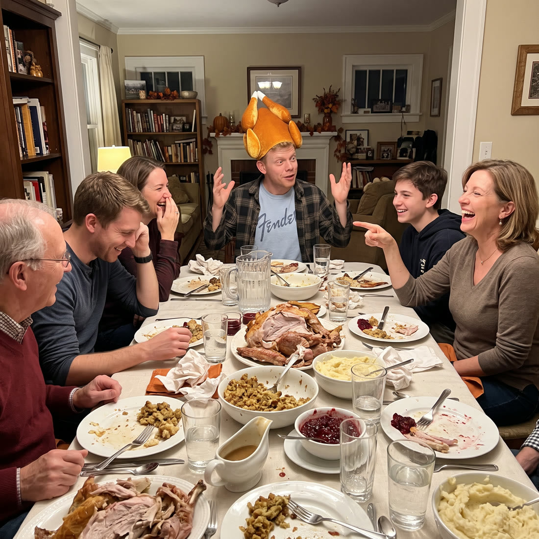 His family laughing and pointing at him at the Thanksgiving table while he wears the roast turkey hat